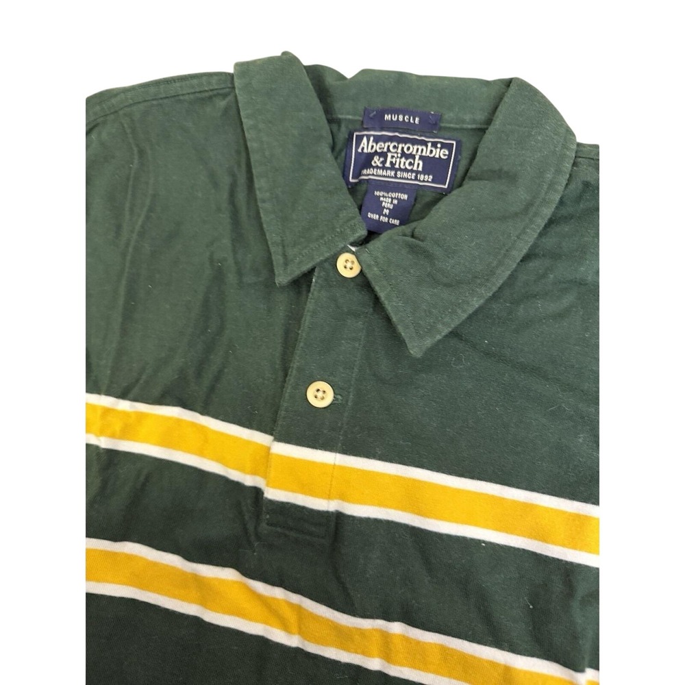 Abercrombie & Fitch Mens Muscle Fit Polo Shirt Green Yellow Stripe Medium Cotton
